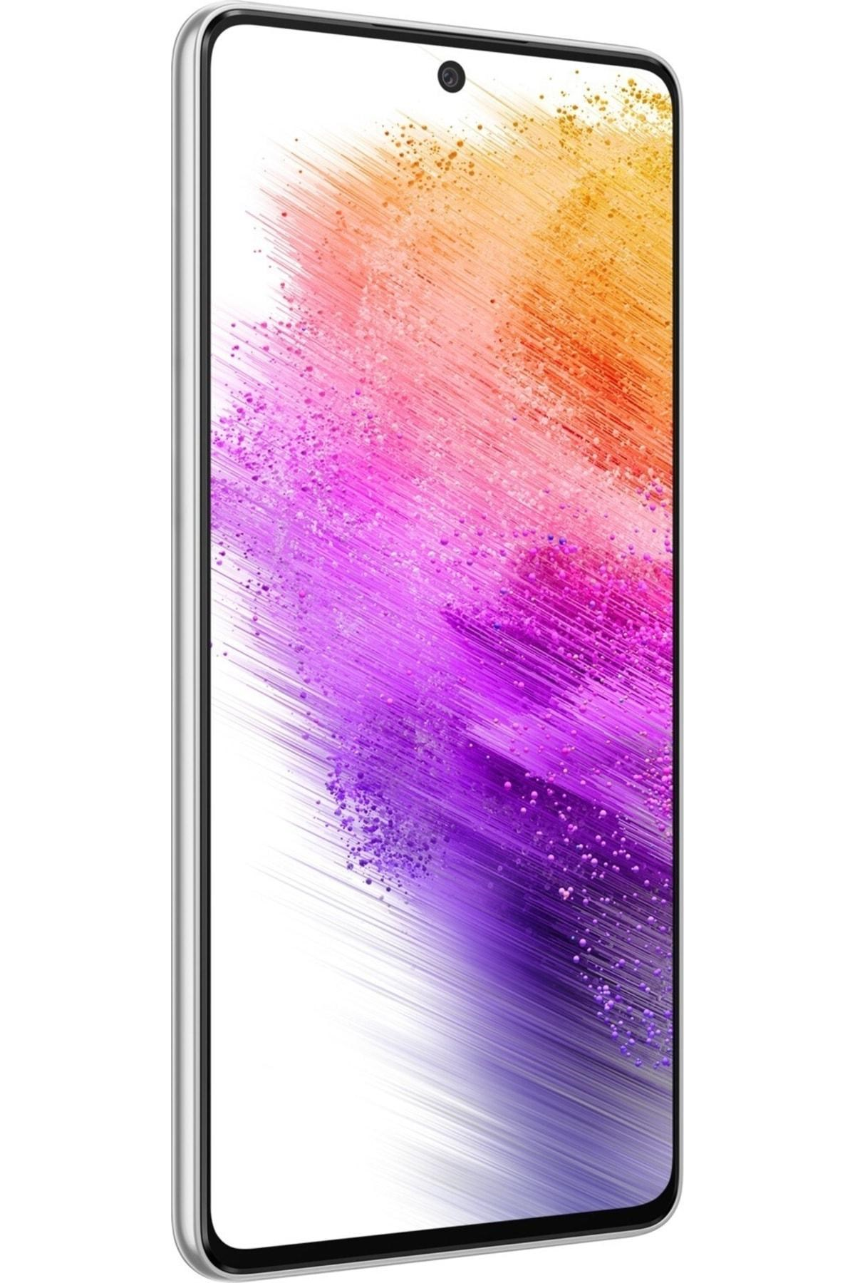 Açık renk çerçeveli ve renkli mor-turuncu arka planlı akıllı telefon.