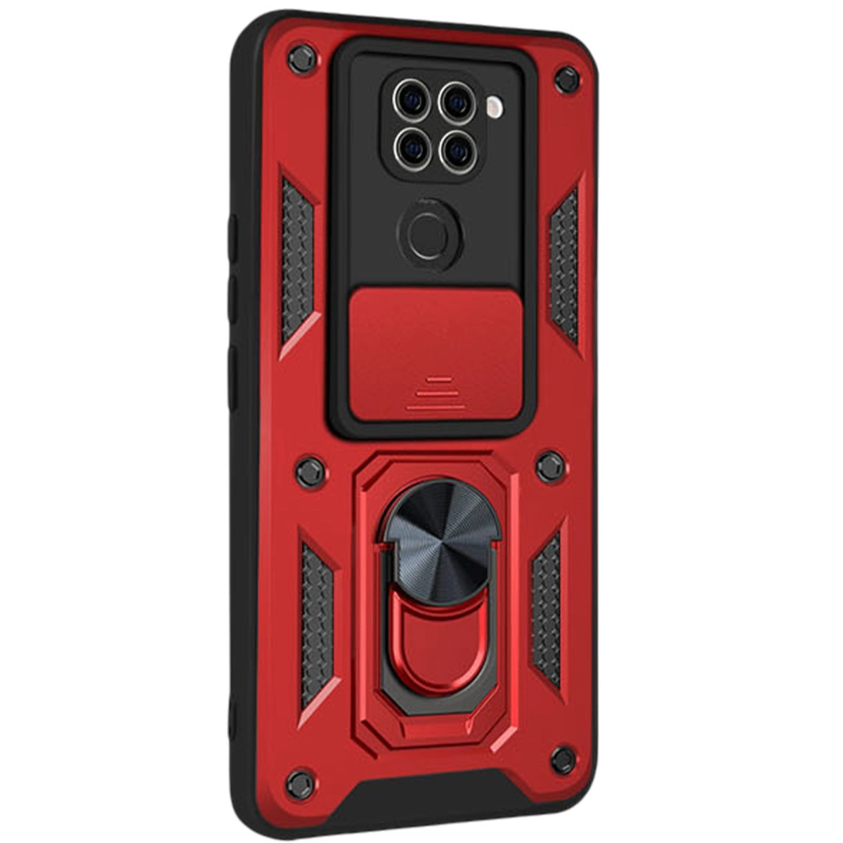 Arkasında halka stant ve sürgülü kamera kapağı bulunan kırmızı ve siyah dayanıklı telefon kılıfı.