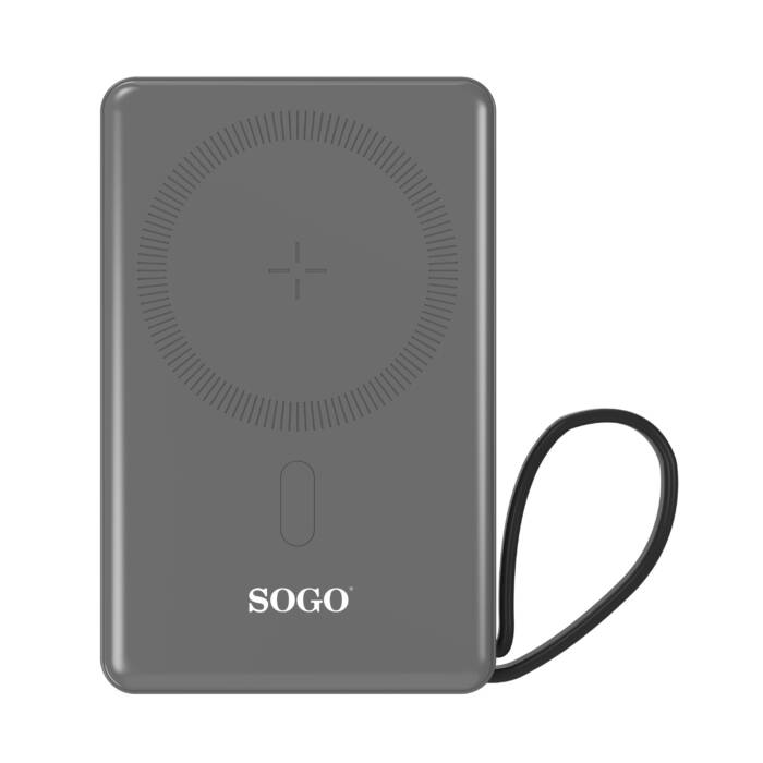 Power bank SOGO grigio rettangolare con superficie di carica magnetica, spia luminosa e un breve laccetto nero.