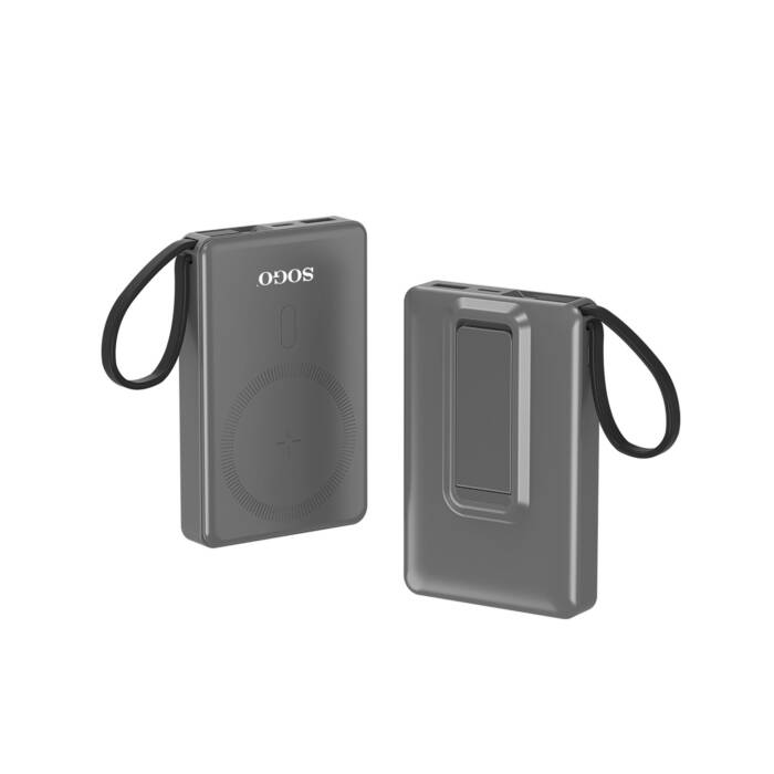 Due power bank grigi con logo Sogo, piastra di ricarica wireless, supporto integrato e cinturino da polso nero.
