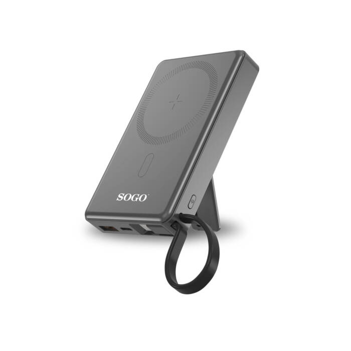Power bank Sogo grigia con supporto e cinturino.