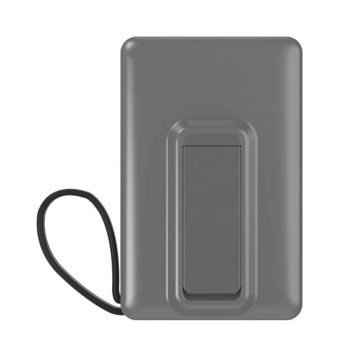 Un dispositivo rettangolare grigio con una clip sul retro e un passante nero sul lato.