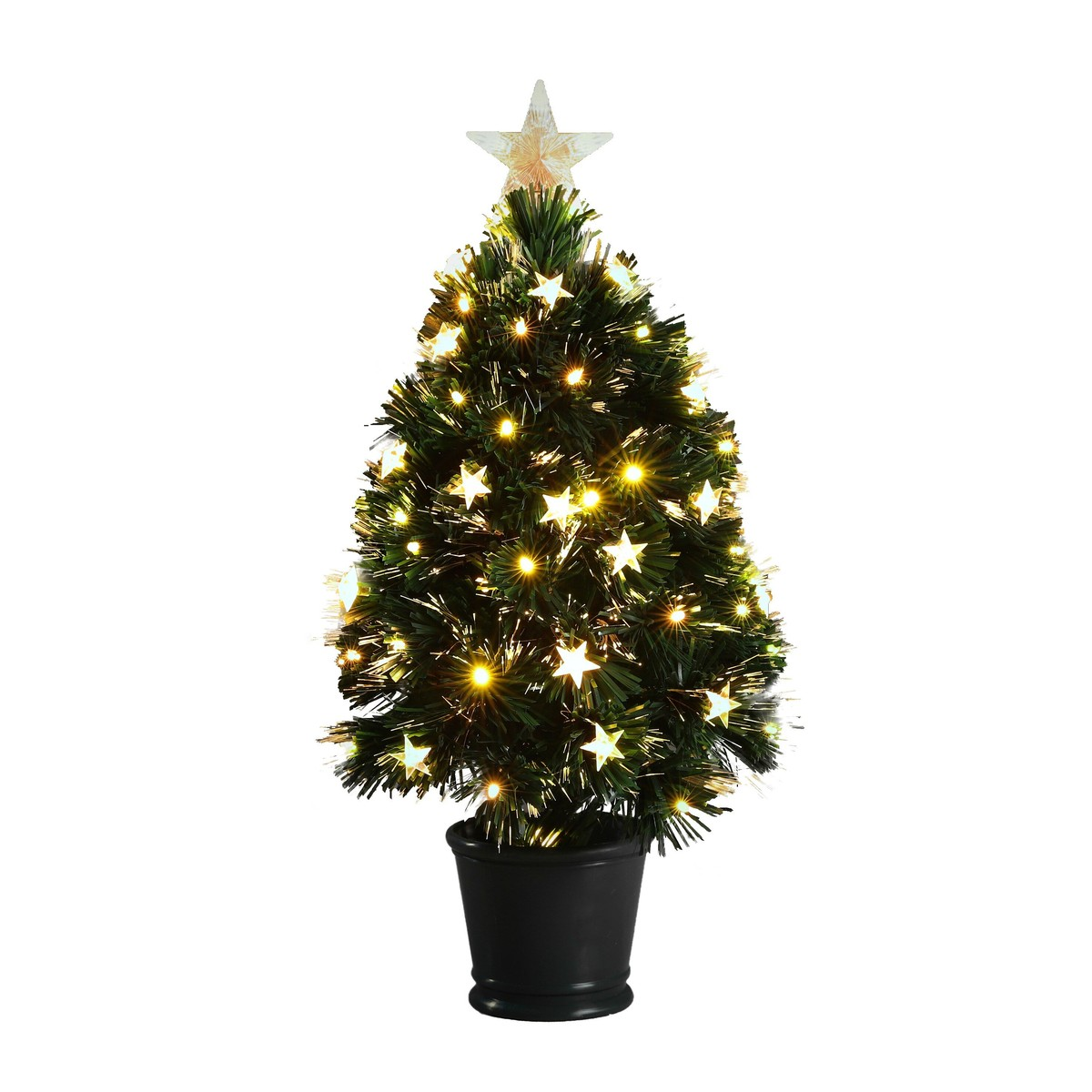 Een kleine groene kerstboom versierd met sterlichtjes in een zwarte pot, geïsoleerd op een witte achtergrond.