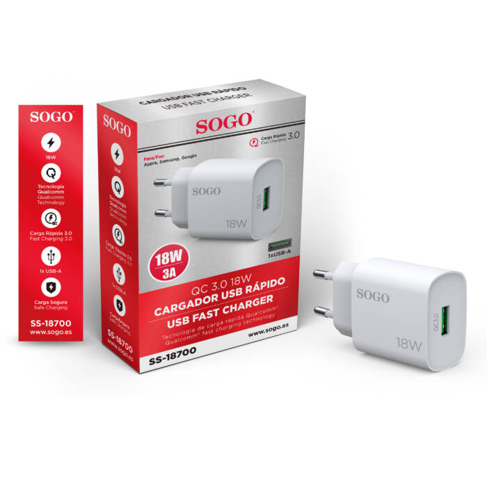 Un caricabatterie rapido USB SOGO da 18W bianco accanto alla sua confezione rossa e bianca.