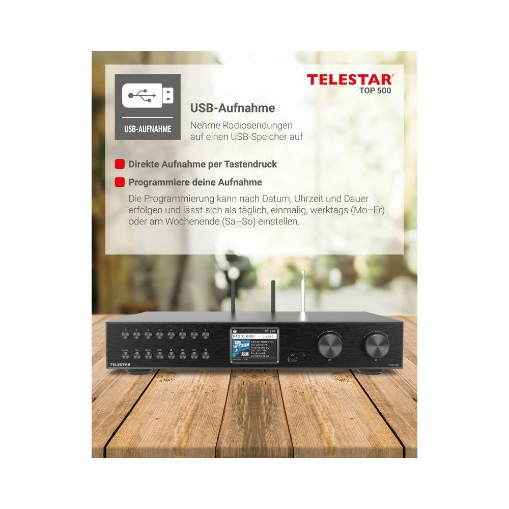 Telestar Top 500 Digitalradio auf Holztisch mit Textinfografik zur USB-Aufnahmefunktion darüber.