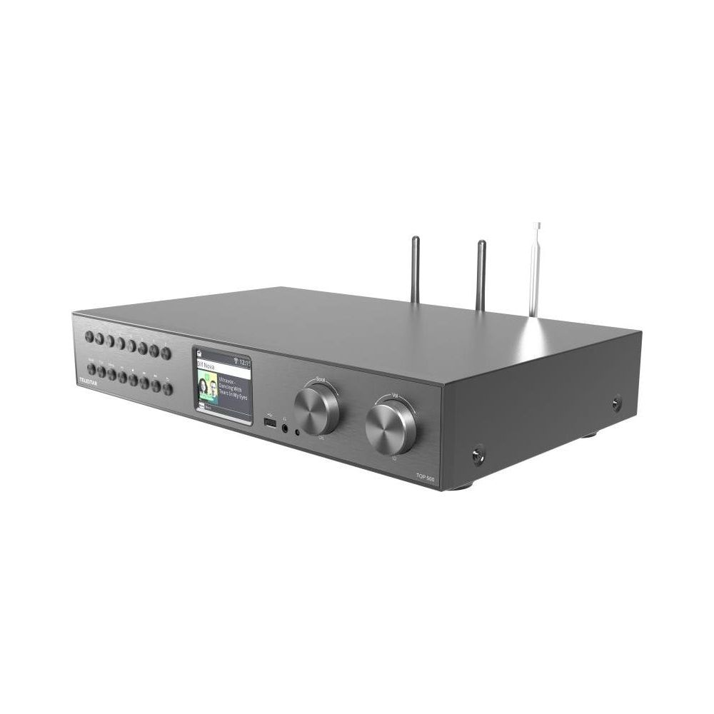 Ein schwarzer Digitalradio-Empfänger mit zwei Antennen, Farbdisplay und silbernen Drehknöpfen an der Front.