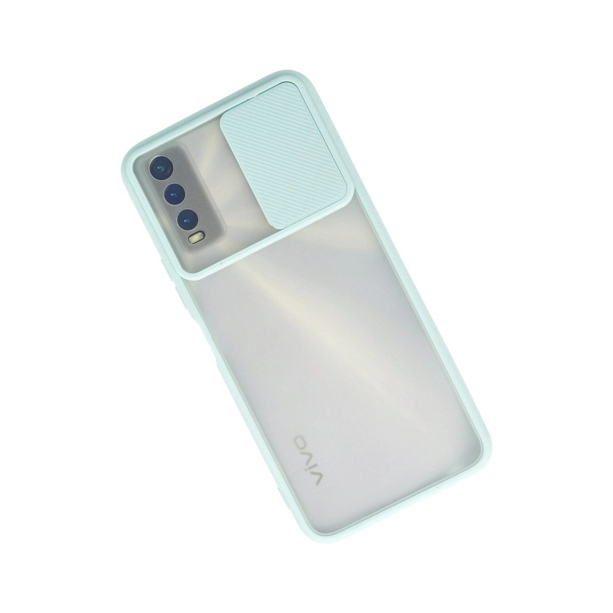 Kayan kamera kapaklı ve mat yarı saydam arka kasaya sahip açık mavi bir Vivo akıllı telefon.