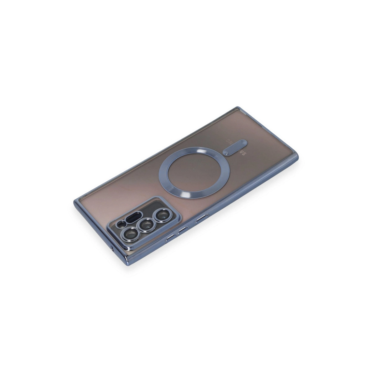 Beyaz arka planda entegre yuvarlak MagSafe halkasına ve kamera boşluklarına sahip gri akıllı telefon kılıfı.