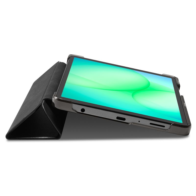 Une tablette dans un étui de protection noir servant de support sur fond blanc.