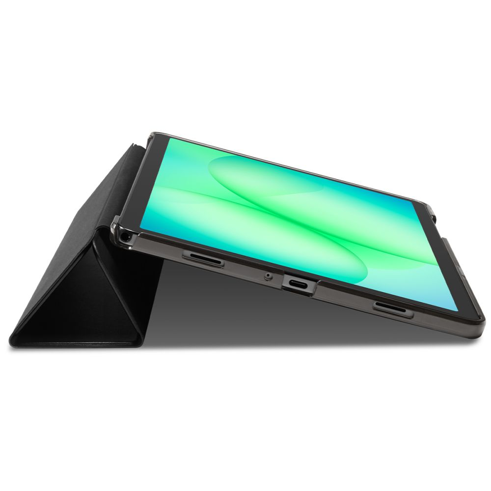 Une tablette dans un étui noir est posée sur une surface blanche, affichant un écran vert et bleu.