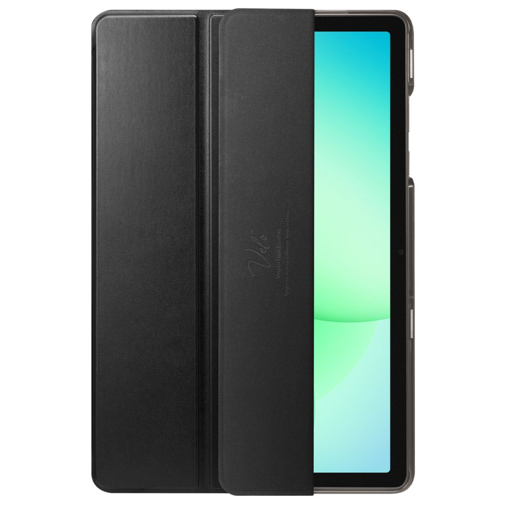 Une tablette dans un étui de protection noir avec un couvercle ouvert montrant un écran bleu clair et vert.