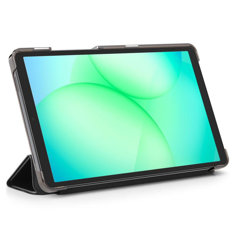 Une tablette dans un étui de protection sombre, soutenue par un support, affichant un fond d'écran abstrait vert.