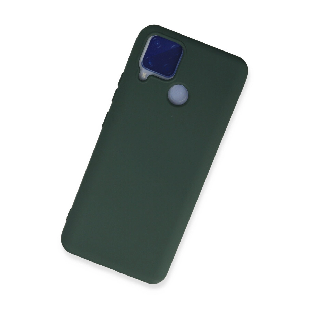 Kare kamera çıkıntılı ve arka tarafında parmak izi sensörüne sahip koyu yeşil akıllı telefon kılıfı.