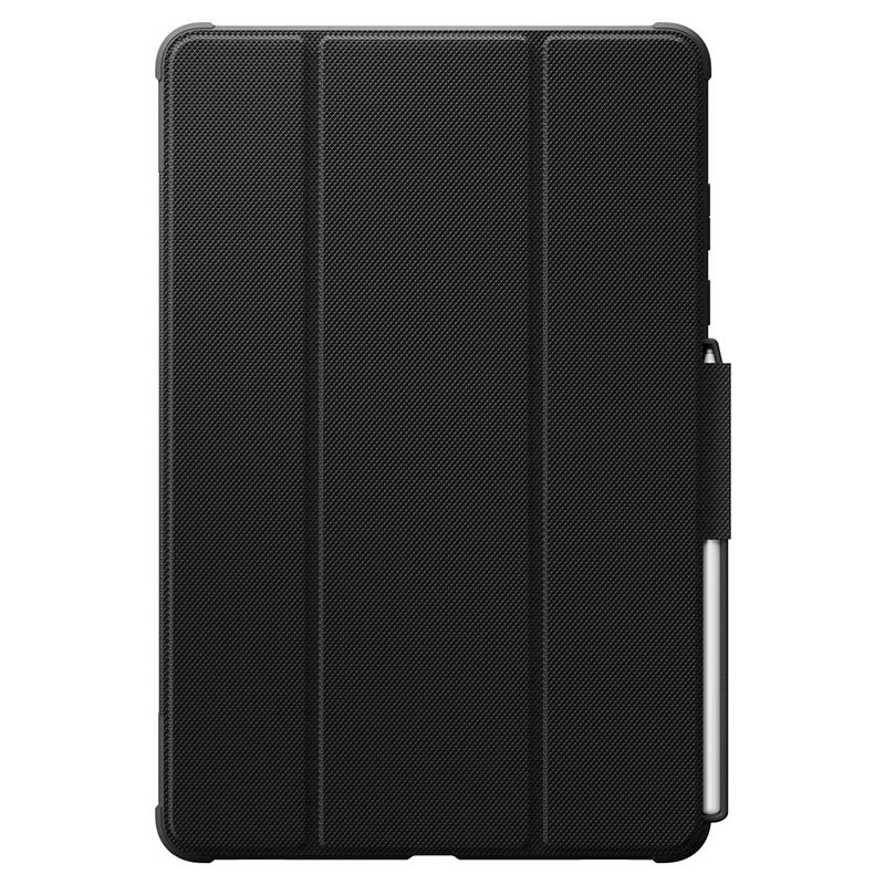 Étui de tablette pliable noir avec porte-stylet intégré sur fond blanc.