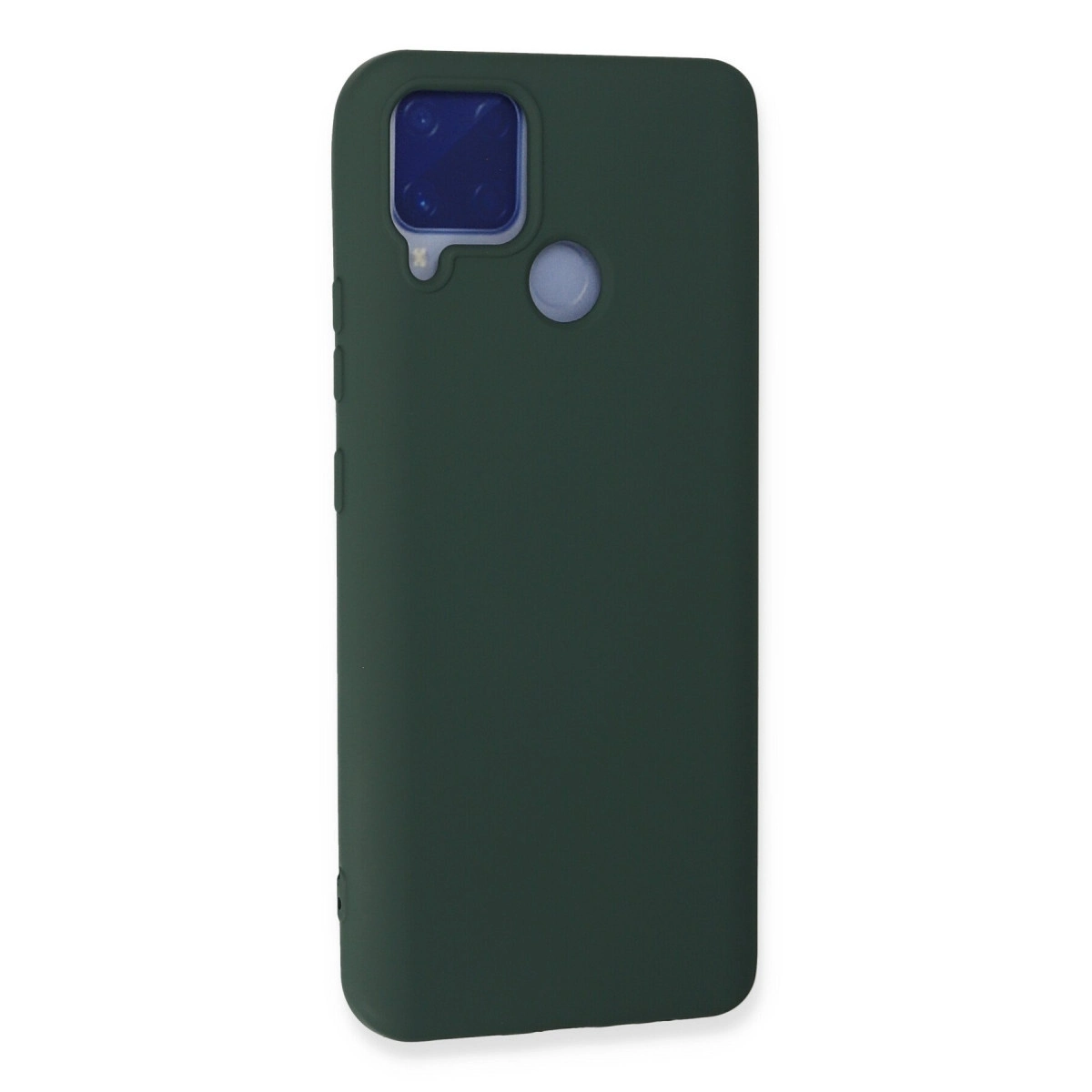 Kamera ve parmak izi sensörü için kesiklere sahip mat koyu yeşil bir telefon kılıfı.