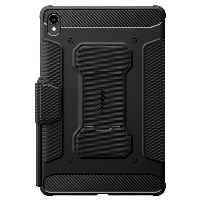 Une coque de tablette noire robuste avec des panneaux texturés, un porte-stylo et une découpe pour caméra.