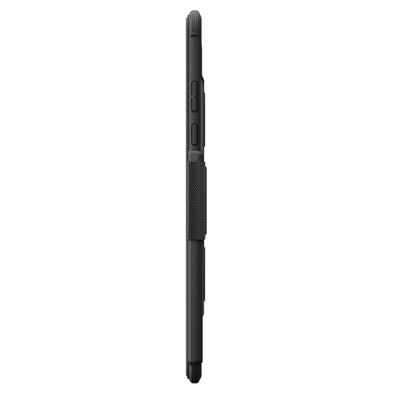 Vue latérale d'une coque de protection noire pour smartphone avec boutons et découpes visibles.
