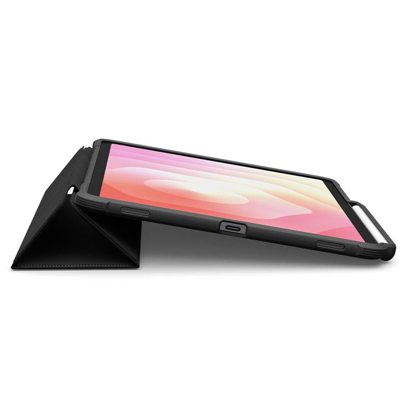 Une tablette noire dans un étui, inclinée sur fond blanc, affichant un écran coloré.