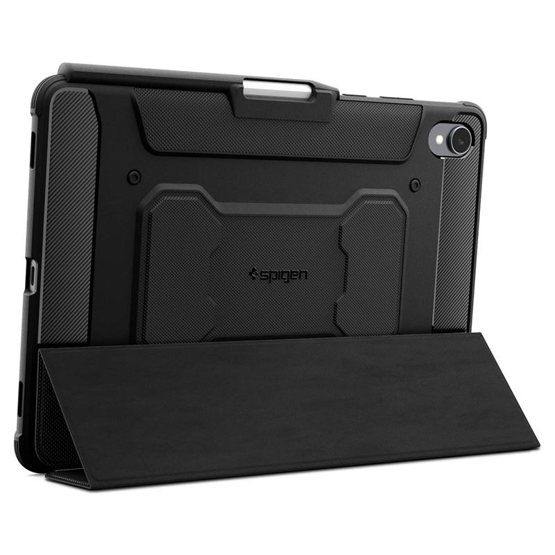 Coque de tablette noire avec support intégré sur fond blanc.