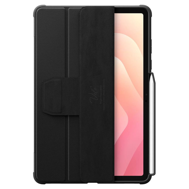 Un étui de tablette noir avec stylet et écran coloré.