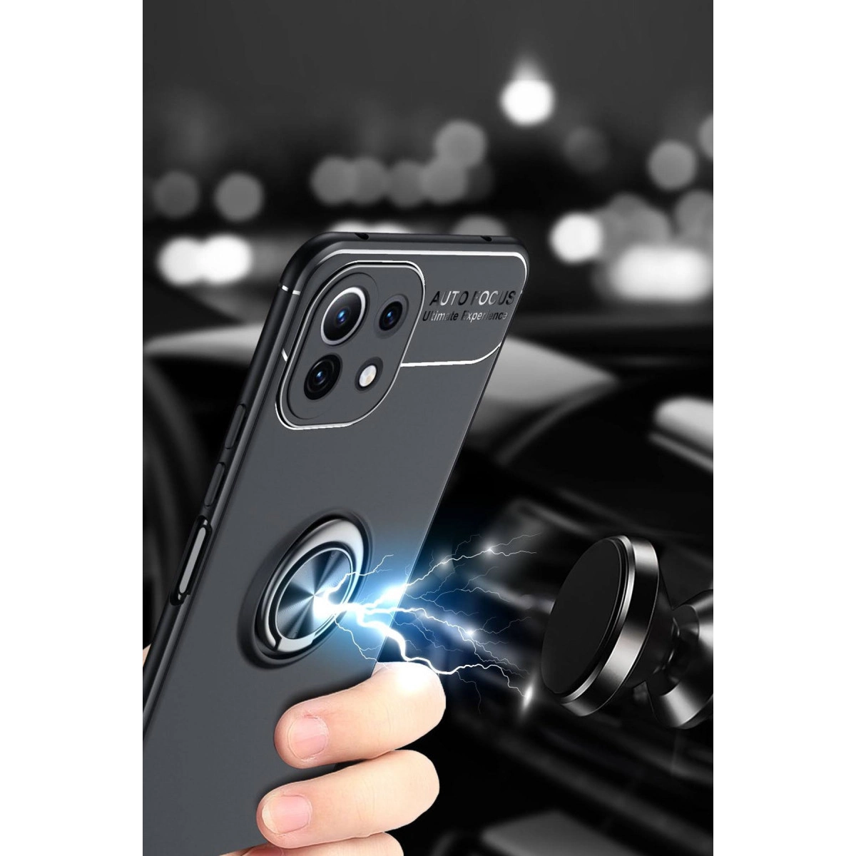 Halkalı telefon kılıfı, elektrik kıvılcımlarıyla manyetik araç tutucusuna bağlanıyor, arka plan bulanık.