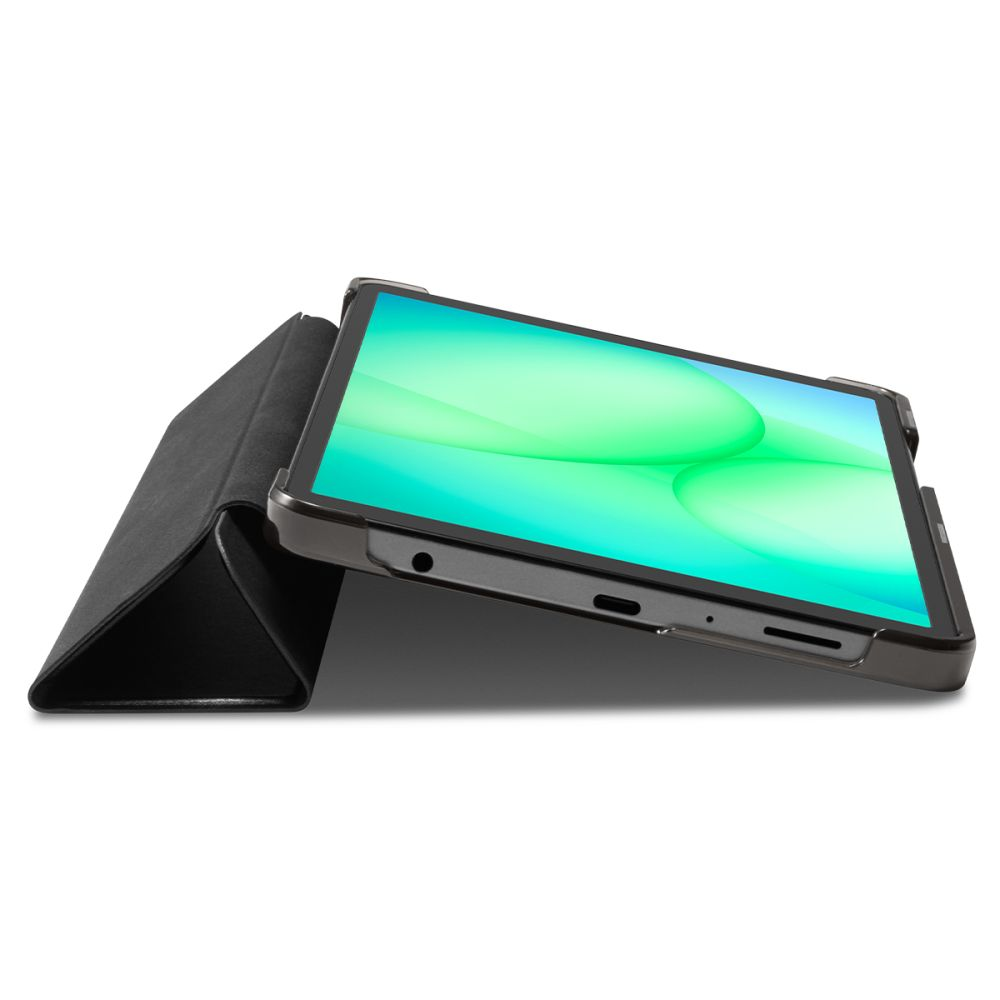 Une tablette dans un étui de protection noir servant de support, écran vert.