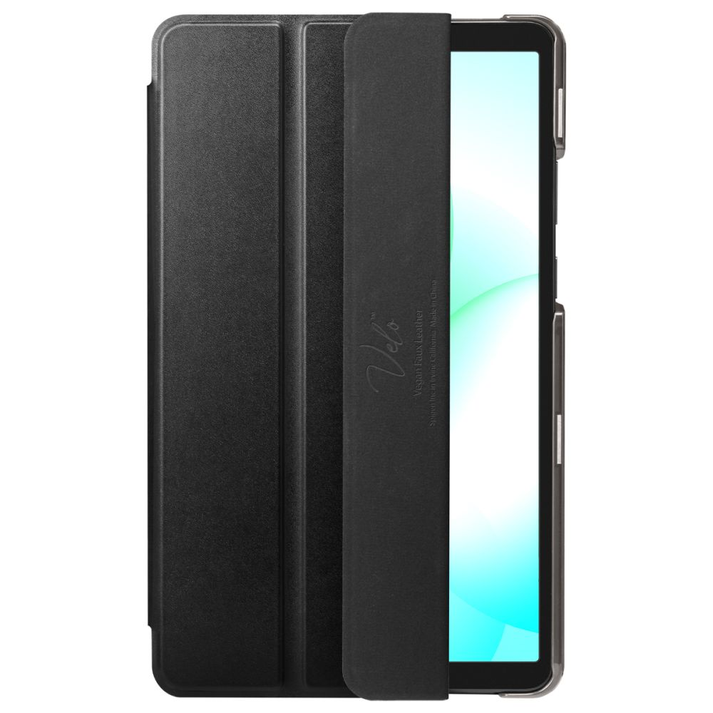 Un étui de tablette noir texturé, partiellement ouvert révélant l'écran avec un fond d'écran bleu clair.