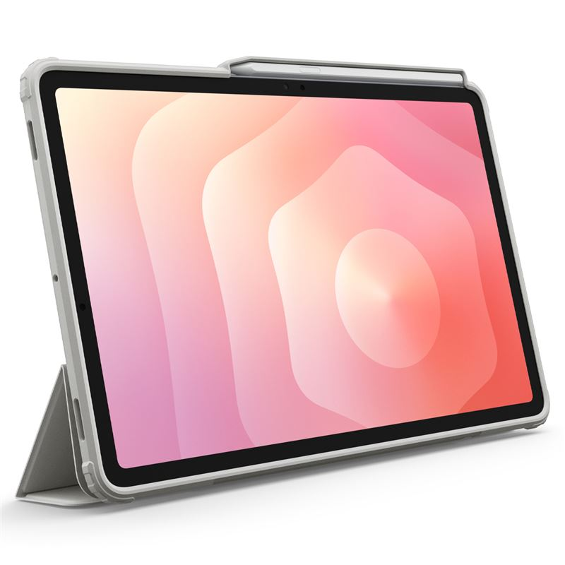 Une tablette dans un étui gris posée sur une surface blanche affiche un fond d'écran abstrait rose.
