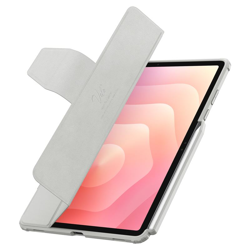 Une tablette blanche dans un étui de protection avec le couvercle ouvert, affichant un fond d'écran abstrait.
