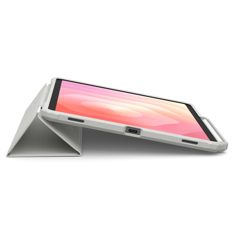 Une tablette dans un étui de protection blanc se tient sur un fond blanc, affichant un écran rose et blanc.