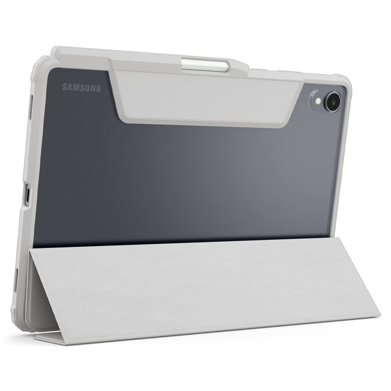 Une tablette Samsung dans une coque de protection grise avec support intégré, vue de dos sur fond blanc.