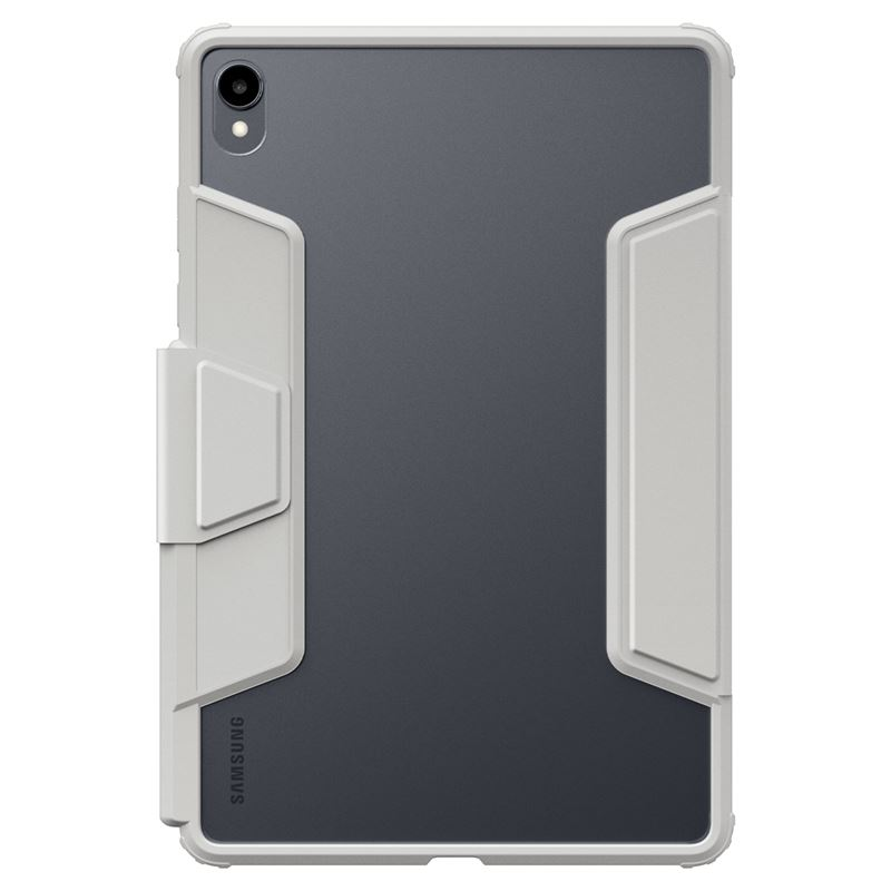 Une tablette Samsung grise dans une coque de protection robuste gris clair avec support intégré, sur fond blanc.