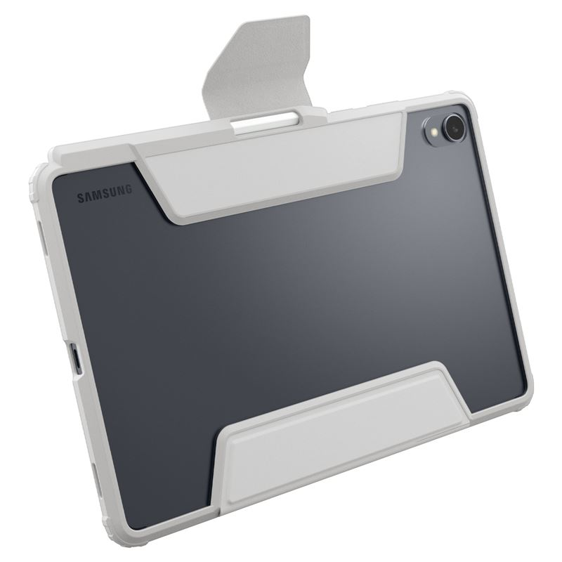 Tablette Samsung dans un étui de protection blanc avec rabat ouvert.