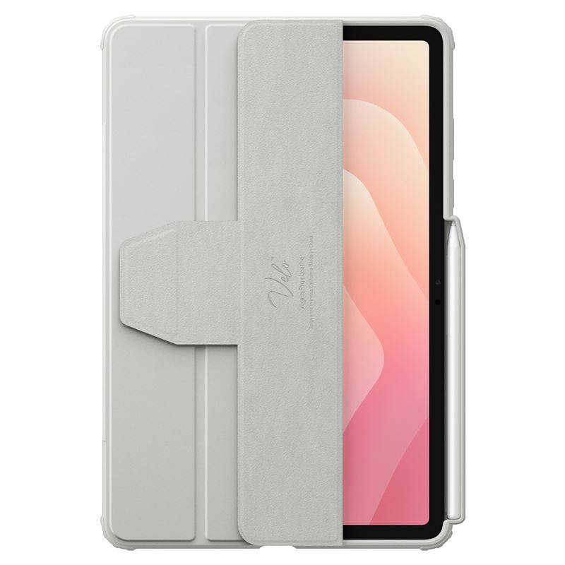 Étui de tablette gris avec rabat avant fermé et stylet.