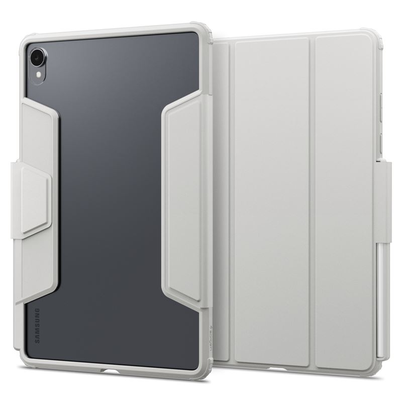 Une tablette Samsung blanche dans une coque de protection robuste avec support intégré.