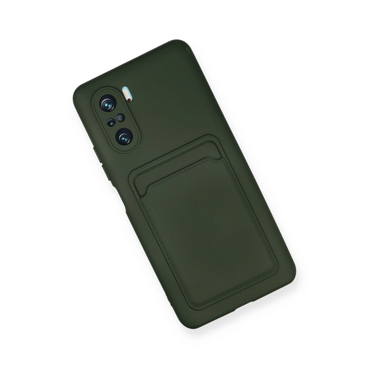 Arkasında entegre kartlık bulunan ve üstte üç kamera lensi görünen koyu yeşil akıllı telefon kılıfı.