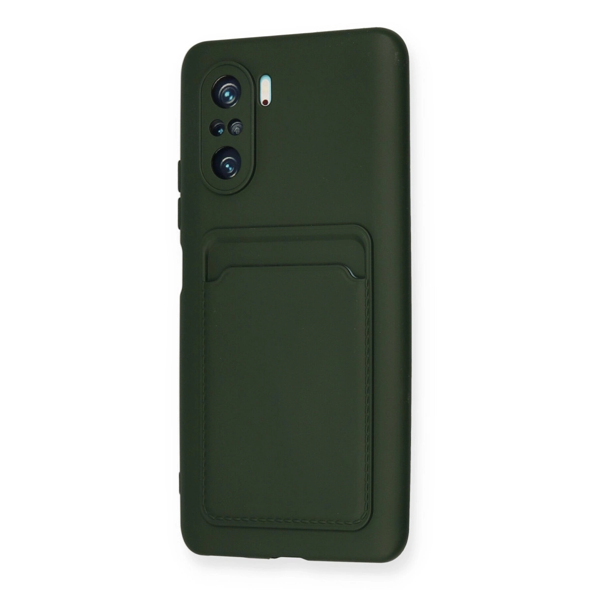 Arka tarafında entegre kart cebi bulunan koyu yeşil akıllı telefon kılıfı.
