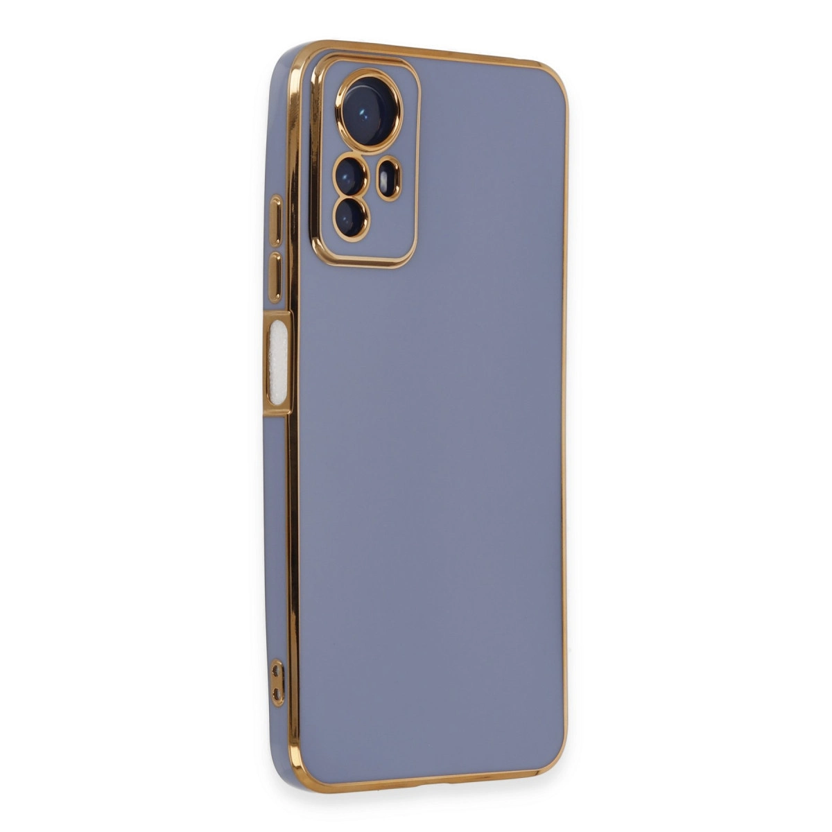 Parlak altın kenarlı ve üç kameralı kesikli mavi telefon kılıfı, beyaz arka planda.