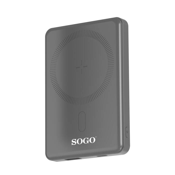 Un power bank SOGO grigio con superficie di carica magnetica sul davanti su sfondo bianco.