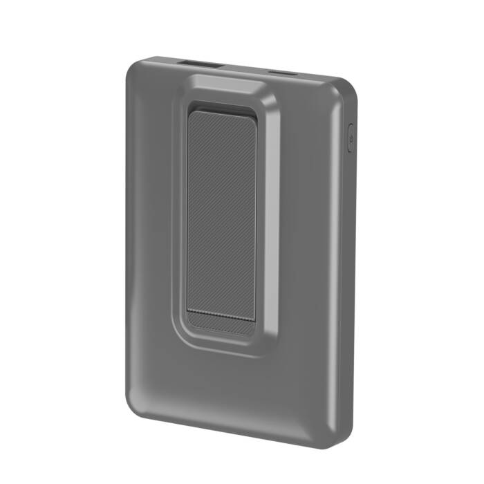 Un power bank grigio dal design rettangolare con una clip integrata sul davanti.