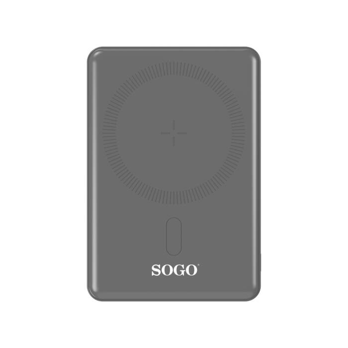 Power bank SOGO grigio rettangolare con piastra di ricarica wireless e logo bianco.
