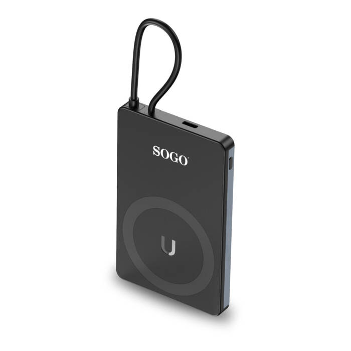 Power bank SOGO nera con laccetto e cerchio di ricarica wireless sul davanti.