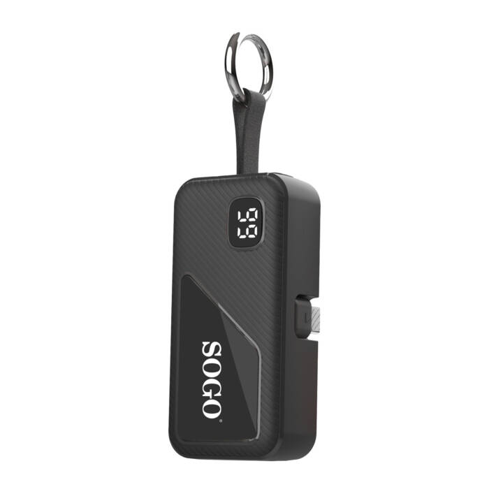 Power bank portatile SOGO nero con display digitale e anello portachiavi su sfondo bianco.