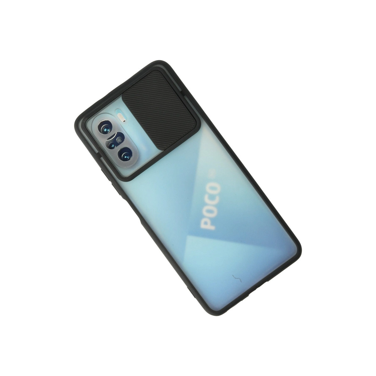 Beyaz arka planda siyah çerçeveli, üçlü kameralı ve POCO yazılı mavi koruyucu kılıf içinde bir akıllı telefon.