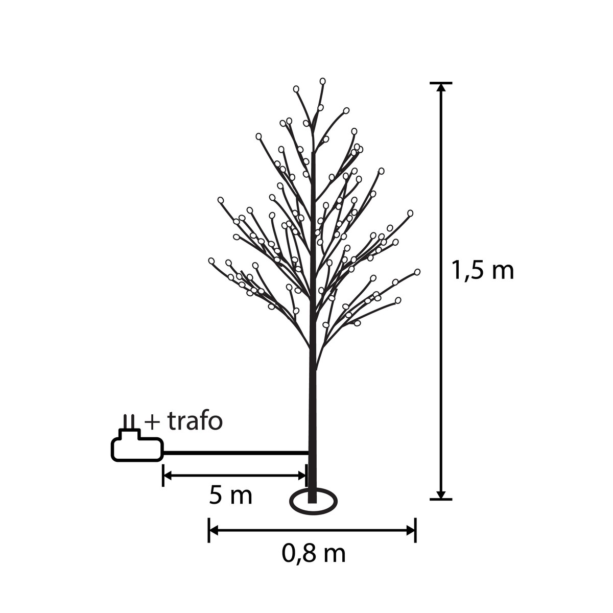 Schéma d'un arbre lumineux de 1,5 m de haut avec câble de 5 m, transformateur et base de 0,8 m.