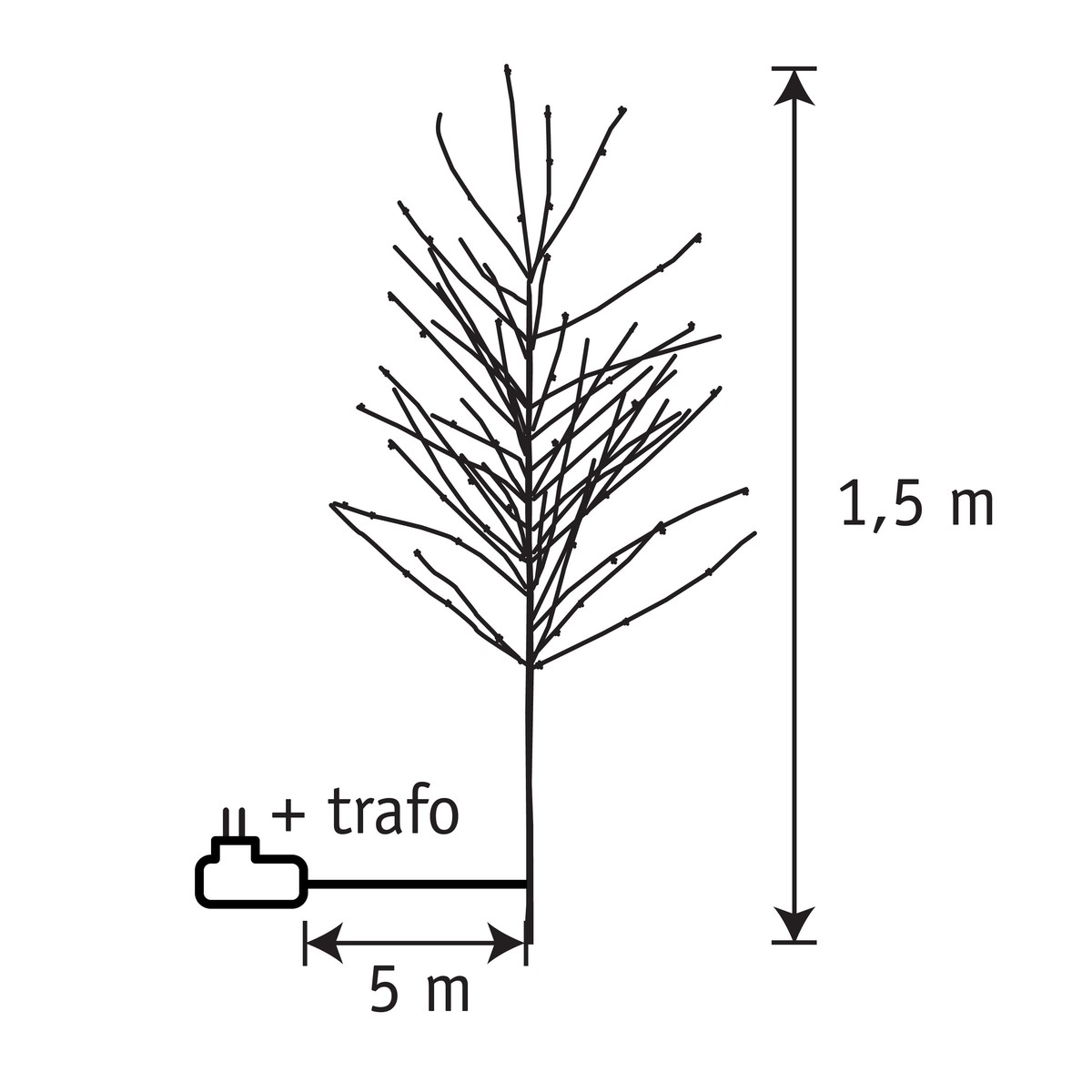 Schéma d'un arbre de 1,5 m de haut avec prise et transformateur, et un câble de 5 m.