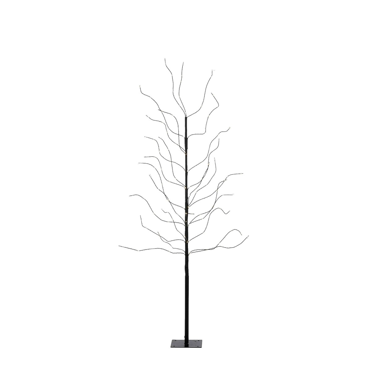 Un mince arbre décoratif noir avec de nombreuses branches fines et incurvées et de petites lumières sur fond blanc.