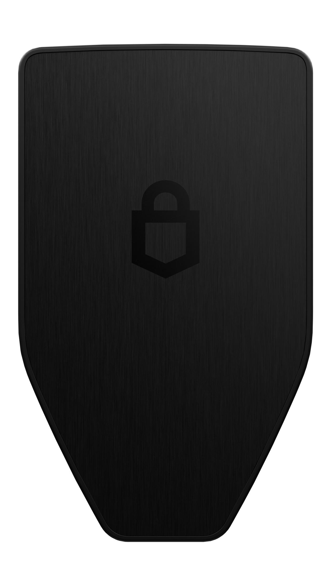 Ein schwarzer Schild mit einer leichten Bürstenstruktur und einem stilisierten Schloss-Symbol in der Mitte.