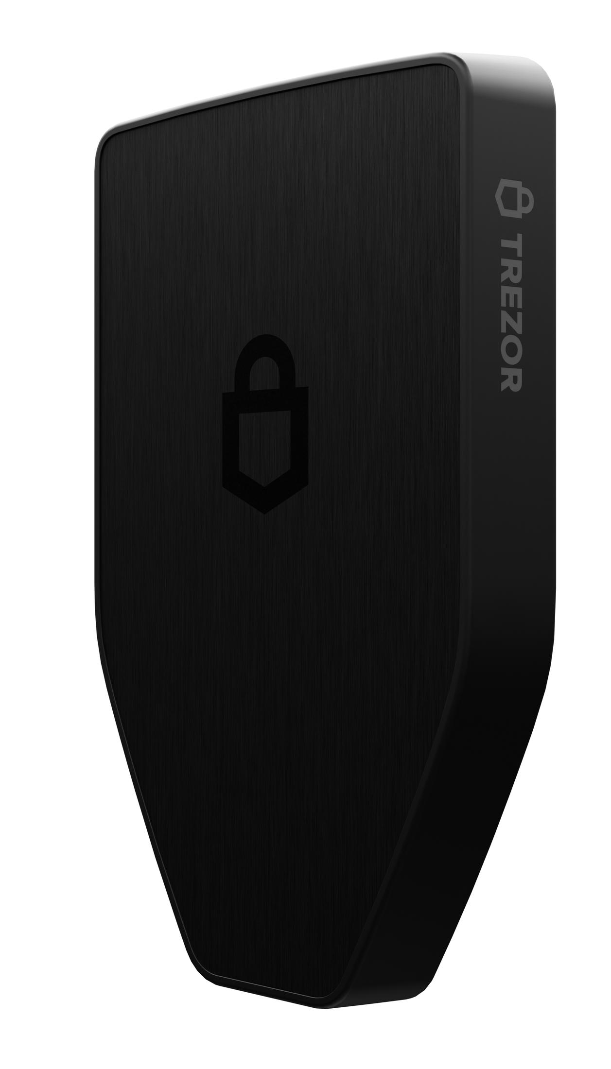 Ein schwarzes Trezor Safe 3 Krypto-Hardware-Wallet mit einem Schloss-Symbol auf der Vorderseite.