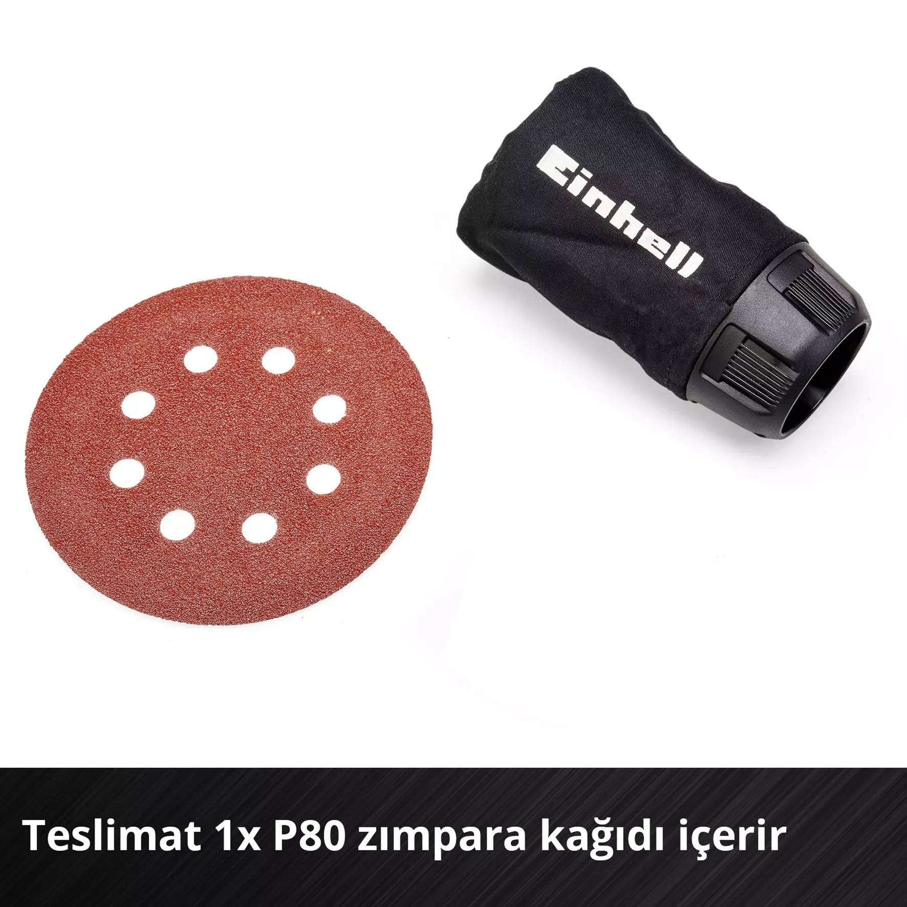 Beyaz zemin üzerinde kırmızı P80 zımpara diski ve siyah Einhell toz torbası.